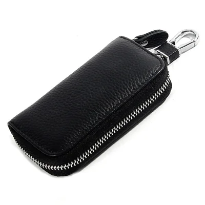 FQ519 Car Key Storage Bag Top Layer Cowhide Leather Keys Protective Case - Black
