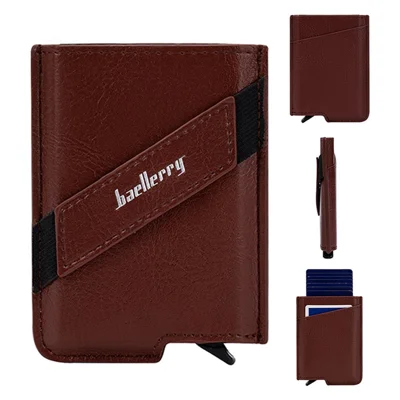 BAELLERRY K9219 Pop-up Men's RFID Blocking Card Holder PU Leather+Metal Card Carrying Case - Brown