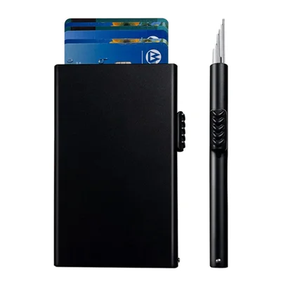 TDL003 Custodia in alluminio per carte di credito RFID Blocking, portafoglio per carte di credito con apertura rapida - Nero