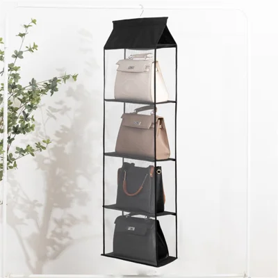4 Layers Hook Design Handbag Storage Hanging Bag Non-Woven Organizer - Black