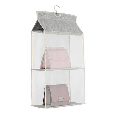 2 Layers Handbag Non-Woven Hanging Storage Bag Organizer with Hook - Beige