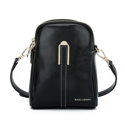 BAELLERRY N8923 Waxy PU Leather Women Dual Layer Vertical Mini Crossbody Bag - Black