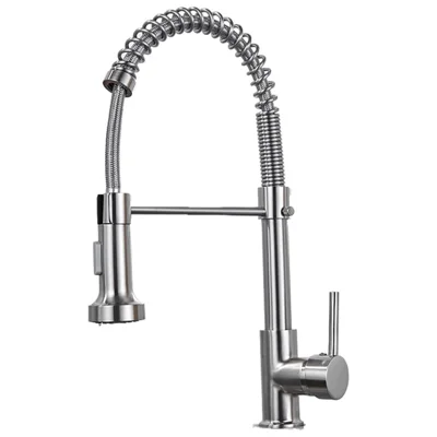 Spring Pull-Out Kitchen Stainless Steel Hot Cold Water Faucet Splash-Proof 2 Modes Sink Faucet with 2 Water Inlet Hoses - Electroplating Silver