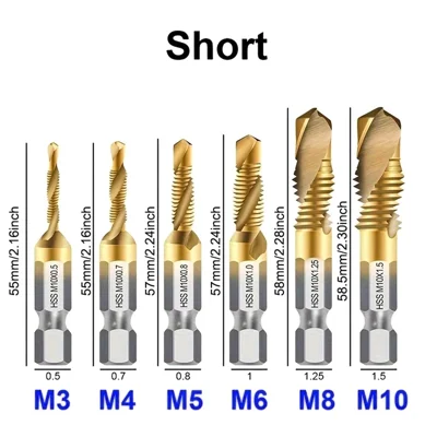6Pcs / Set M3 / M4 / M5 / M6 / M8 / M10 High Speed Steel Hex Shank Spiral Composite Tap Set, Short Type