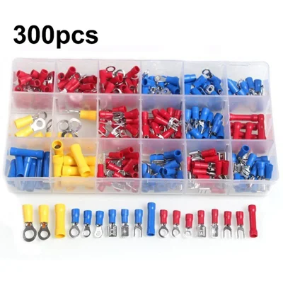 300Pcs Insulated Ring Terminals Assorted Kit Cold Press Electrical Wire Crimp Connectors