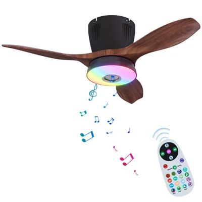 LEC016R RGB Dimmable Ceiling Light 3 Speeds Adjustable Fan Lamp with Bluetooth-Compatible Speaker, Wood Grain Blade - Black