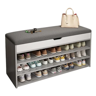 B09 Multifunctional Flip Top Bench for Entryway Three Layers Shoe Cabinet with Padded Seat, 80cm Width - Grey