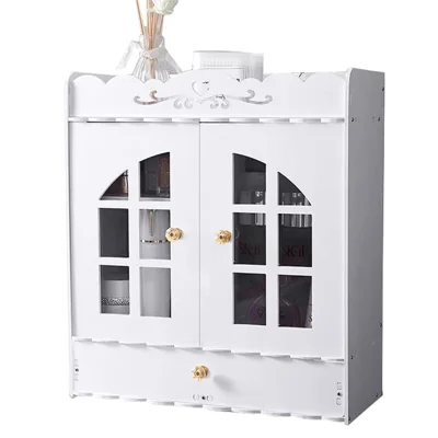 Wood-Plastic Board Multi-Tier Bathroom Organizer No Drill Wall Mounted Cosmetic Skincare Storage Cabinet