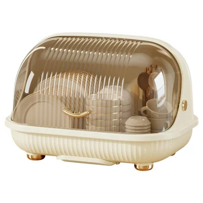 Kitchen Dish Rack Organizer with Flip Cover Large Capacity Dustproof Draining Bowl Cabinet Small Size - Beige