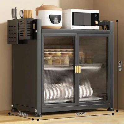 2-stufiges Küchenregal für die Arbeitsplatte, 60 cm, mit Türen, Ablaufgitter, staubdichter Organizer für Schalen / Teller / Gewürze – Schwarz