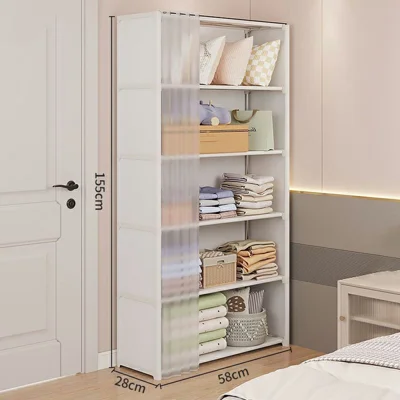 Cabinet de Armazenamento para Quarto com 6 Níveis, Linha Única, Largo, 58 x 28 x 155 cm, Organizador à Prova de Poeira com Cortina - Branco