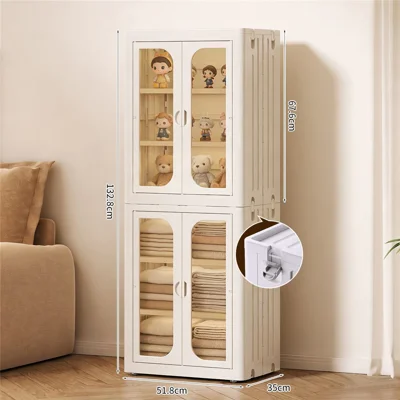 6-Tier No Assembly Folding Storage Cabinet Transparent Doors Plastic Snacks Toys Clothes Organizer for Bedroom Living Room