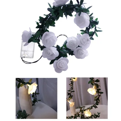 3 m, 20 LED, kunstig grøn blad rørrose blomstvindel, batteridrevet lyskæde, DIY dekoration til jul og fest