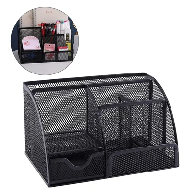 Note Paper Organizer and Pencil Holder Metal Mesh Drawer Organizer for Office Desk - Black