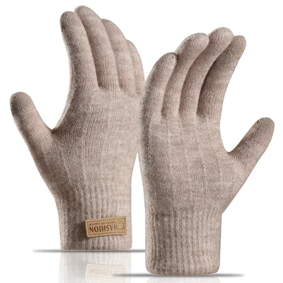 1 Par de Luvas de Inverno para Ciclismo Feminino de Dupla Camada Tricotadas e Quentes - Tela Sensível ao Toque de Dedo Completo com Decoro de Emblema de Urso - Cáqui
