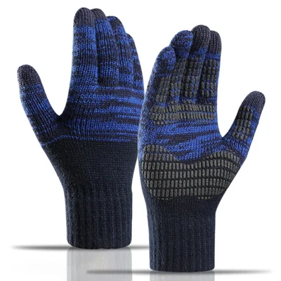 Y0046 1 paire de gants d'hiver en tricot coupe-vent et chauds pour hommes avec écran tactile et manchettes élastiques - bleu marine