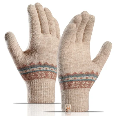 B8822 1 Pair Women Touch Screen Gloves Thick Knit Gloves Warm Winter Colorful Glove - Khaki