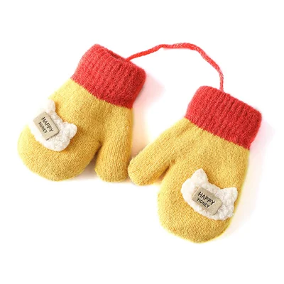 1 Pair Knitting Short Full Finger Gloves Winter Thermal Plush Lining with String for 1-3 Years - Yellow