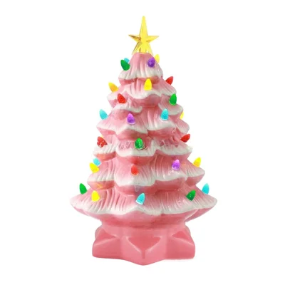 Resin Christmas Tree LED Light Ornament 30cm Christmas Tree Tabletop Decorations, Battery Operated - Pink