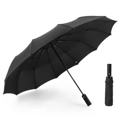 Windproof Umbrella Large 12-Rib Folding Travel Umbrella with Automatic Opening and Closing for Rain / Sun - Black