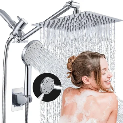 10 Inch Electroplated Rainfall Showerhead with 5 Modes Handheld Spray Wall Mounted Shower System