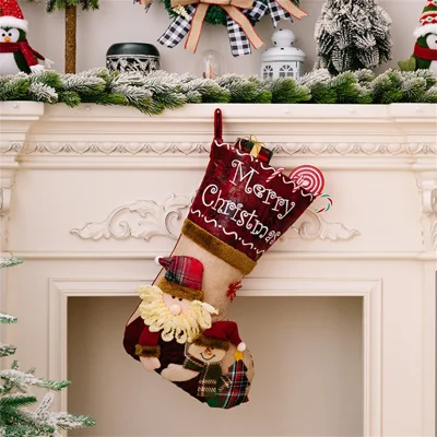 Christmas Stocking 3D Embroidered Design Large Gift Bag Xmas Sock for Children Holiday Decoration - Santa Claus