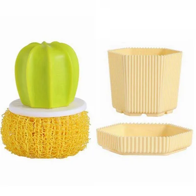 Set di Spazzole per la Pulizia della Cucina a Forma di Cactus con Fori di Drenaggio, Spugnetta Nano con Supporto di Archiviazione - Supporto di Archiviazione Giallo / Spazzola Gialla