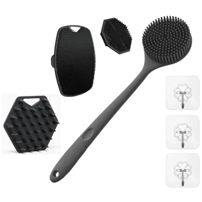 7Pcs Silicone Bath Shower Brush Set Exfoliating Body Scrubber Long Handle Back Brush with Hooks - Black