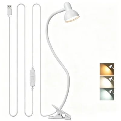 HL-TJ8010A-7 USB Clip Desk Lamp Flexible Arm LED Reading Light 3 Color Temperature 10-Level Dimming for Bedroom Study - White