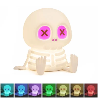 Veilleuse LED Squelette Halloween Contrôle Tactile 7 Couleurs RGB 1200 mAh Rechargeable par USB Lampe en Silicone
