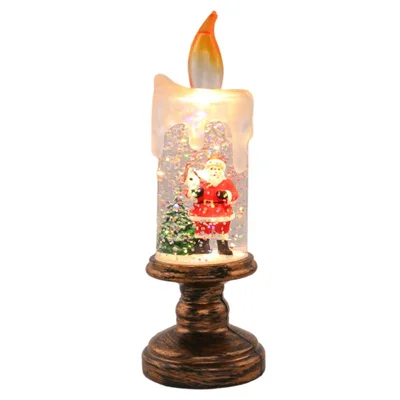 LED Flameless Christmas Snow Globe Candle Lamp with Floating Snowflakes and Miniature Scene for Holiday Table Decor - Santa