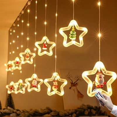 Christmas Star Curtain String Lights USB 5V 8 Modes Remote Control Waterproof for Indoor Outdoor Window Decor - Star / Warm White