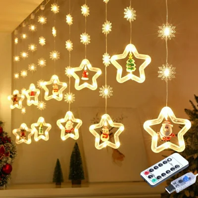 USB Powered Christmas Curtain String Lights with Star Tree Snowflake Pendants Remote Control for Window Decor - Star+Snowflake / Warm White