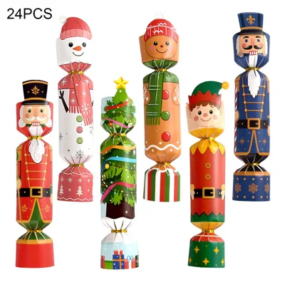 24Pcs Christmas Cartoon Cracker Boxes Nutcracker Snowman Foldable Cardboard Gift Packaging for Holiday Table