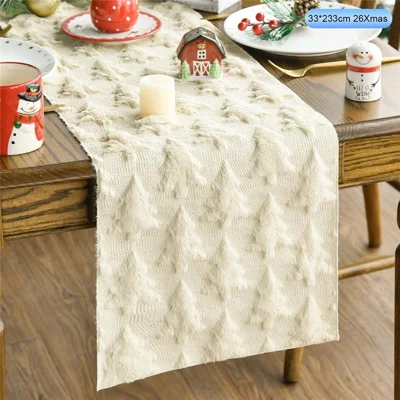 33 x 233cm Table Runner 3D Embossed Xmas Tree Knitted Fabric Tablet Runner for Christmas Dining Table - Beige
