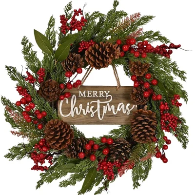 Corona de Navidad de 50 cm con arándanos rojos y piñas, guirnalda artificial para colgar, decoración para fiesta en casa - Como se muestra