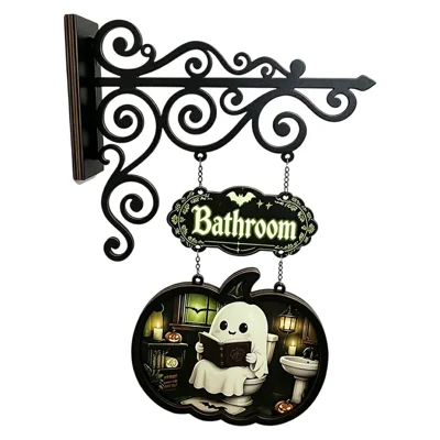 Halloween-Leuchtendes Holzschild Niedliches Gespenst Kürbis UV-Druck Gotisches Eisenhalterung Wanddekoration - SCM3539