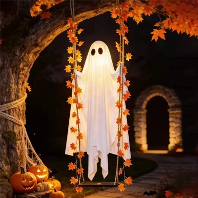 Balancelle fantôme de 19,7 po de large avec guirlande lumineuse à piles, planche en bois massif, décoration suspendue pour Halloween, porche, jardin