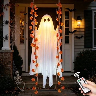 19,7 Zoll breiter Ahornblatt-Geister-Schaukel mit Fernbedienung, LED-Lichterkette, aus Massivholzbrett, hängende Dekoration für Halloween, Veranda, Garten