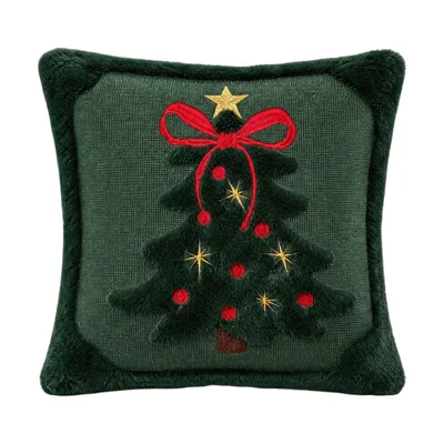 Housse de coussin brodée de Noël 45 x 45 cm, arbre de Noël en polyester peluche, broderie 3D, fermeture à glissière dissimulée - Arbre de Noël vert avec nœud rouge