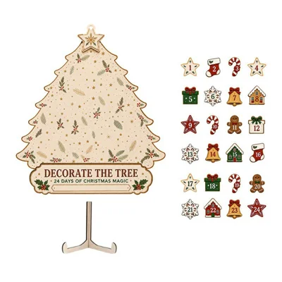 Calendrier de l'Avent en bois 24 jours Compteur de jours jusqu'à Noël Arbre de Noël bricolage Décoration murale pour décoration de maison - Style A