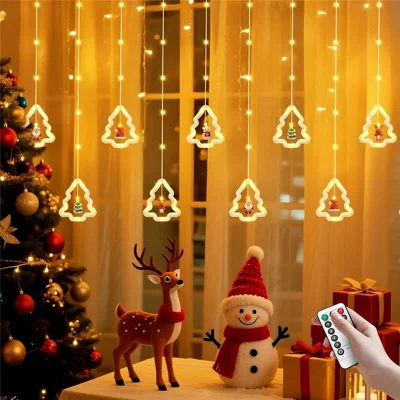 Luces de Cortina de Navidad LED de 300 cm, 100 LED, con Control Remoto, 8 Modos, Atenuación de 10 Niveles, Luces de Cuerda con Batería - Diseño de Árbol de Navidad