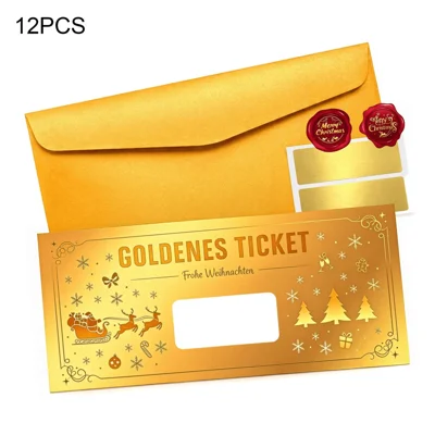 12-teiliges Weihnachts-Scratch-Off-Kartenset mit Umschlägen, Wachssiegel-Aufklebern und Kratz-Aufklebern, 300 g/m² Goldfolien-Karton für Geschenke - Gold