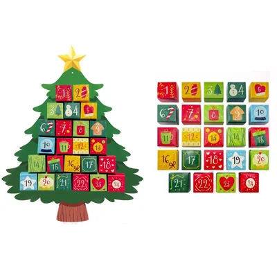 Calendario de Adviento de 24 Ranuras, Decoración Colgante Rellenable DIY con Cordón para Colgar - Árbol de Navidad