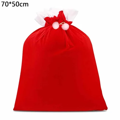 70x50cm Bolsa de Caramelo de Santa de Navidad con Borde Blanco y Cordón Dorado, Doble Pompones y Cierre Seguro - Rojo