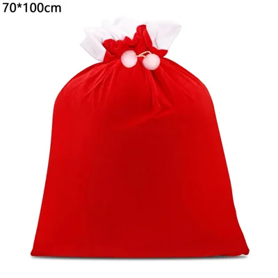 70x100cm Bolsa de Caramelo de Santa de Navidad con Ribete Blanco y Cordón Dorado, Doble Pompones y Cierre Seguro - Rojo