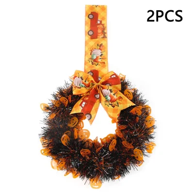 2Pcs / Set Halloween Wreath Bow Tinsel Wreath Front Door Wall Hanging Decoration - Pumpkin