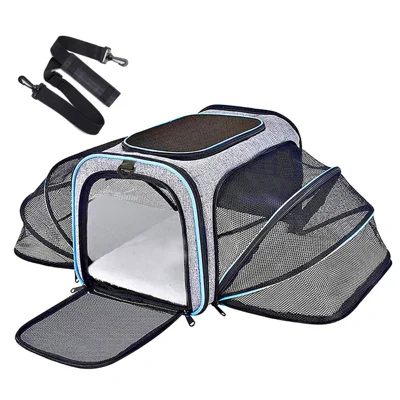 Portable Pet Carrier with Shoulder Strap Large Capacity Travel Expandable Tote Bag for Cats Dogs Gift, Size S - Grey+Blue