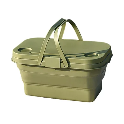 PP Outdoor Picknickkorb mit Deckel, staubdicht, feuchtigkeitsbeständig, Aufbewahrungskorb, faltbar, Picknick-Organizer-Box - Armeegrün