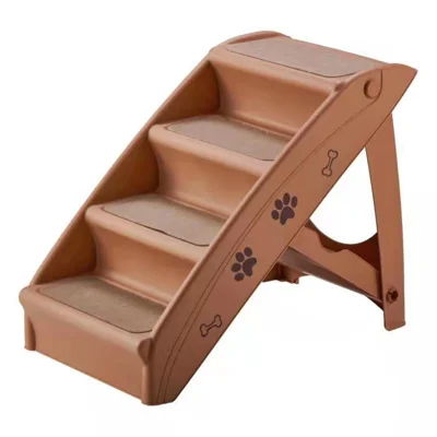 Cute Paw Print Foldable Pet Stairs for Dogs Cats Climbing Aids Plastic Portable 4 Step Ladder Ramp - Light Coffee